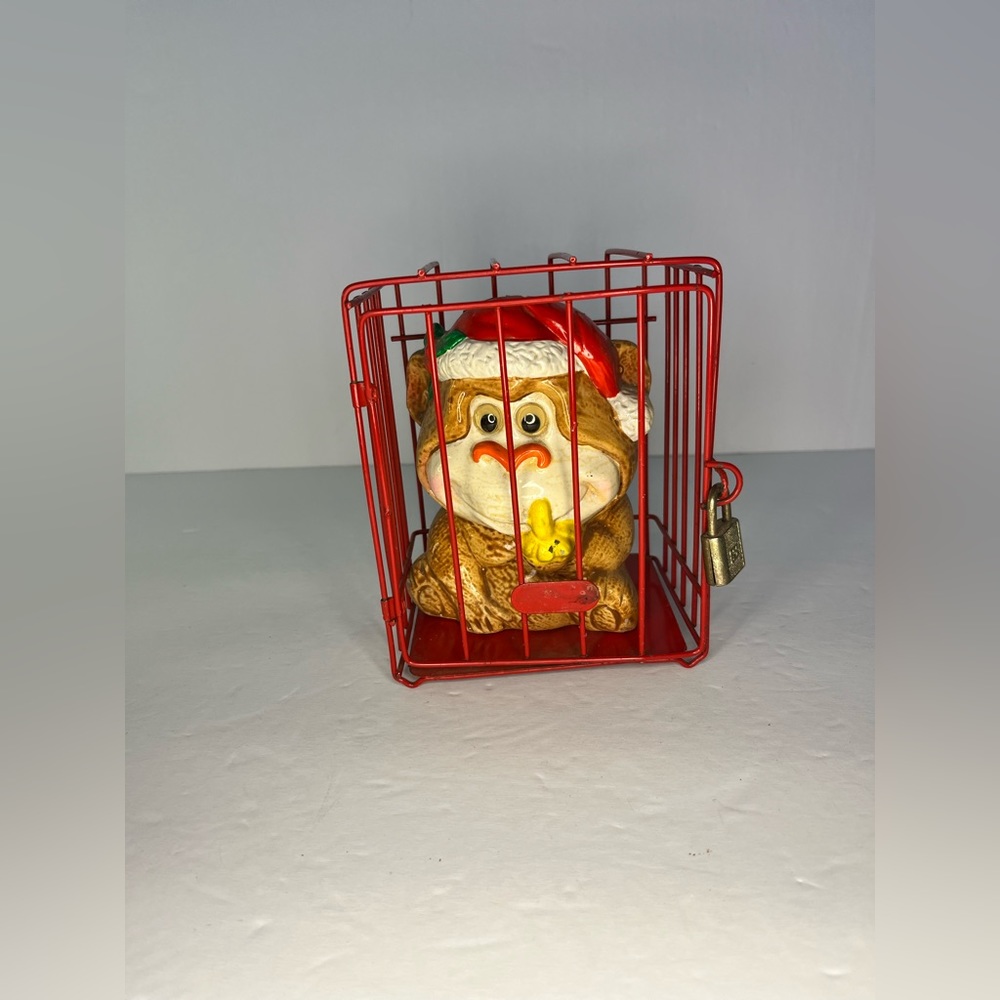 Vintage 80s‎ Ceramic Piggy Bank Monkey In A Cage Christmas Savings Red Cage RARE